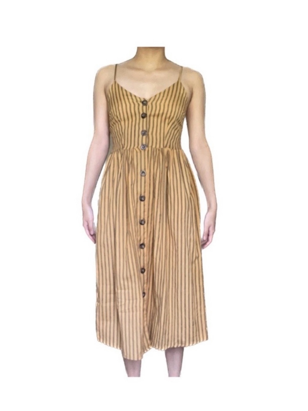 Japna yellow Striped Button-Front Midi Sundress in Tan- S